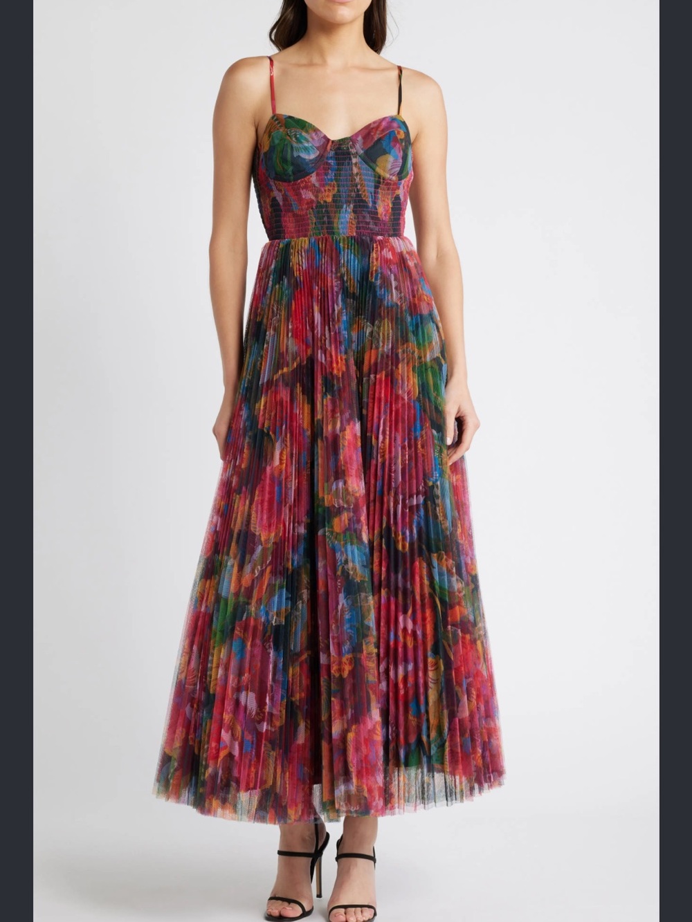 HUTCH Smocked Floral Multi-Color Pleated Tulle Maxi Dress